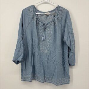J. Jill Denim Chambray Embroidered Popover Blue‎ Blouse Womens Size Large Boho